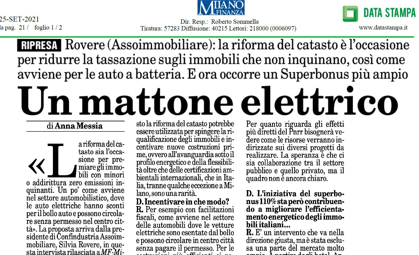 Milano Finanza. Rovere: Riforma del catasto occasione per ridurre la tassazione sugli immobili green