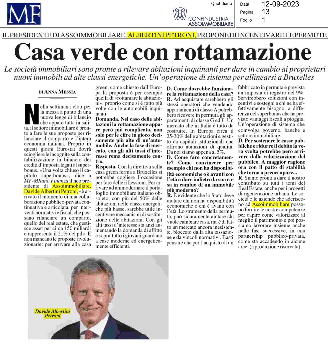 Leggi l'intervista al Presidente Albertini Petroni pubblicata oggi su MF - Milano Finanza